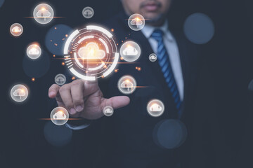 Cloud technology management big data includes business strategy, customer service. Businessman using hand touching to virtual cloud computing for development system business data to the future.