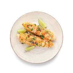Plate with tasty Elote Mexican Street Corn on white background