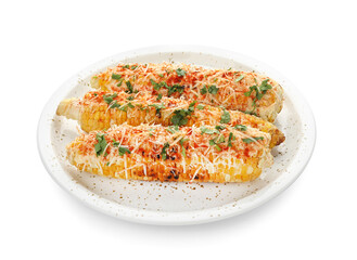 Plate with tasty Elote Mexican Street Corn on white background