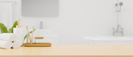 Wooden board or tabletop with mockup space and bath accessories over modern white bathroom interior