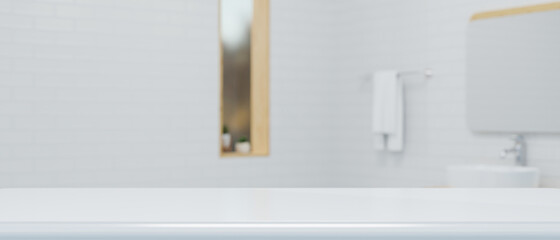 Modern white tabletop for displaying your product on top of a white hygienic bathroom interior