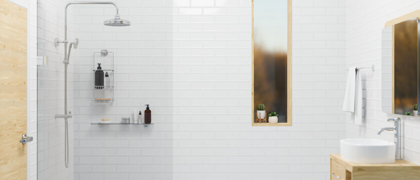 Contemporary bathroom interior with wood and tiles design, modern shower zone