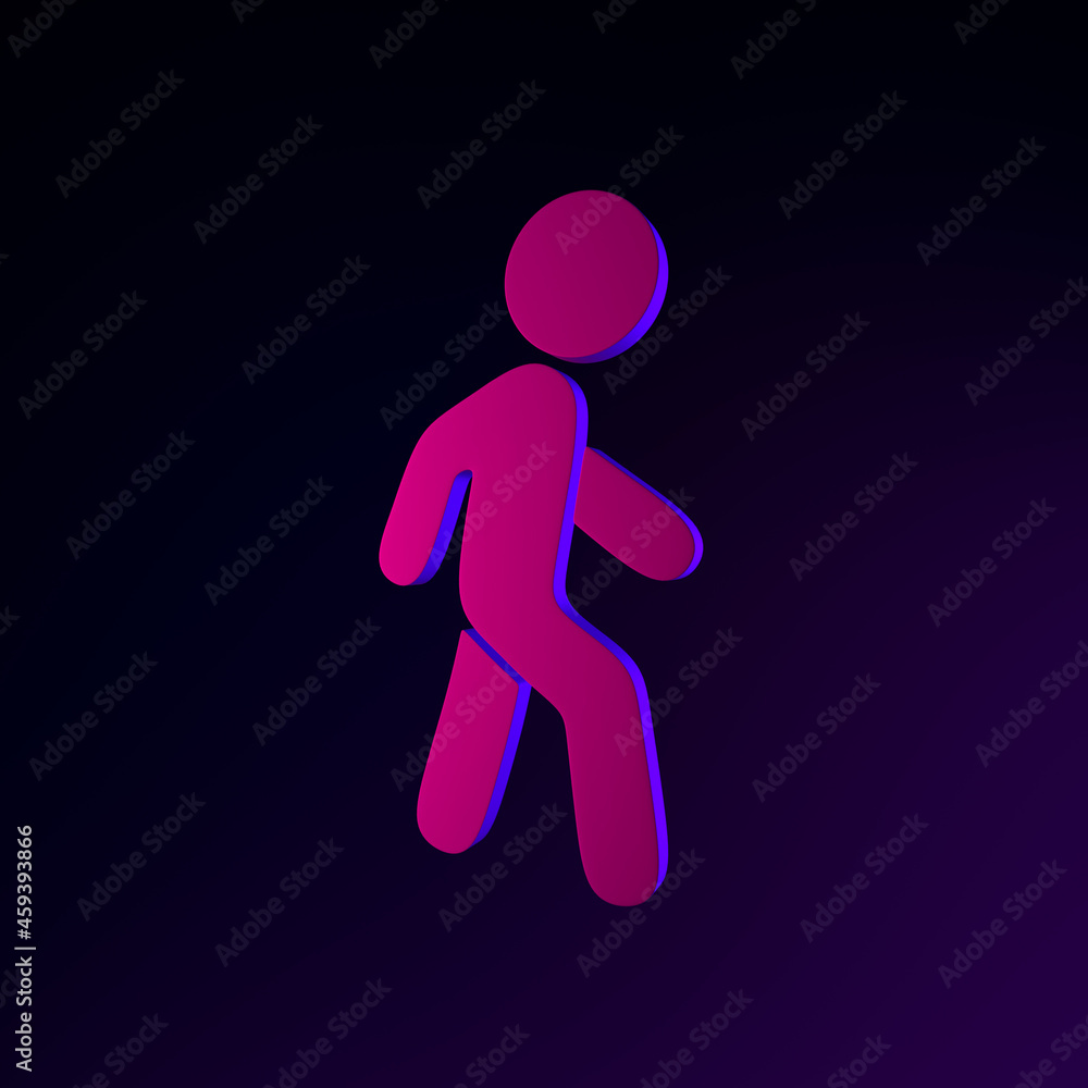 Poster neon walking man flat outline icon. 3d rendering ui ux interface element. dark glowing symbol.