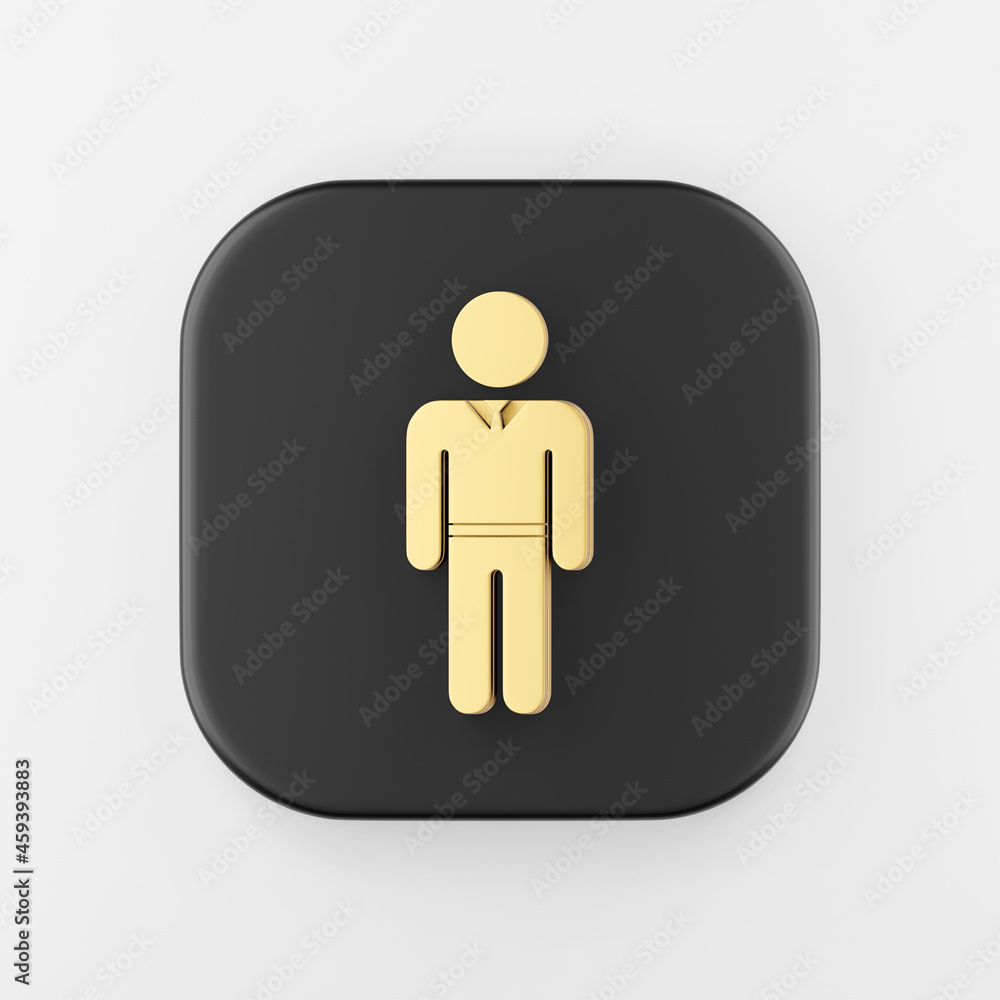 Poster icon golden man in suit flat silhouette. 3d rendering black square button key, interface ui ux eleme