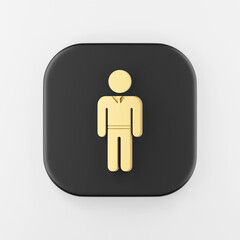 Icon golden man in suit flat silhouette. 3d rendering black square button key, interface ui ux element.