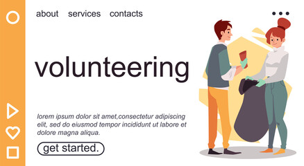 Volunteering and responsible community website banner flat vector illustration.