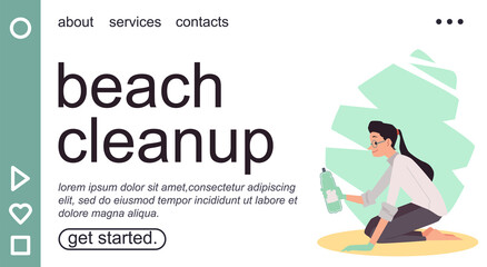 Beach cleanup website layout for voluntary movement, flat vector illustration.