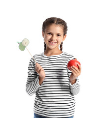 Little girl with pomegranate and decor for Rosh Hashanah (Jewish New Year) on white background