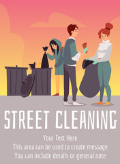 Street cleaning and eco volunteering banner or poster flat vector illustration.