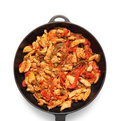 Frying pan with tasty Fajita on white background