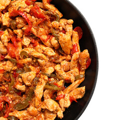 Frying pan with tasty Fajita on white background, closeup