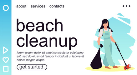 Beach cleanup website mockup with volunteer woman flat vector illustration.