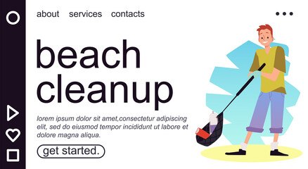 Beach cleaning volunteer campaign web page layout flat vector illustration.