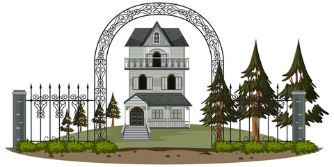 Haunted mansion exterior on white background