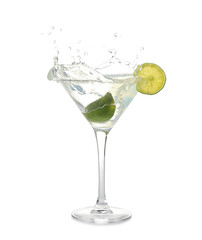 Fototapeta na wymiar Glass of tasty margarita cocktail with splashes on white background