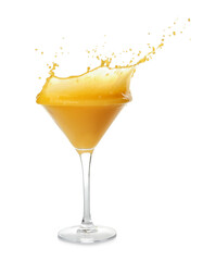 Fototapeta na wymiar Glass of tasty orange margarita cocktail with splashes on white background