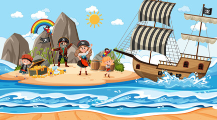 Obraz premium Treasure Island scene at daytime with Pirate kids
