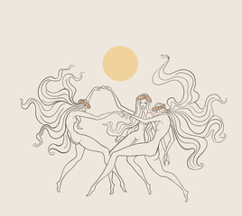 girls dancing under the sun, line tattoo, occult, rituals