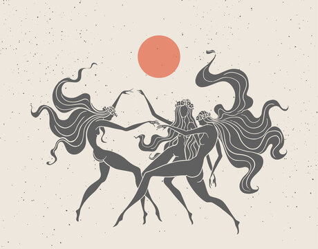 girls dancing under the sun, silhouette tattoo, occult, rituals