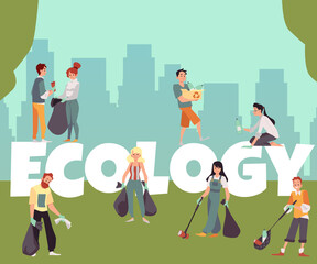 Ecology banner with volunteers picking up litter, flat vector illustration.