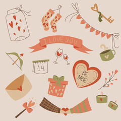 Happy Valentines Day set with romantic objects. Icons collection. Vector illustration.Ideal for printing, design, postcards, stickers, posters, invitations.