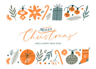 Merry Christmas and Happy New Year Card template with handwritten calligraphy. Trendy vintage style