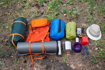 Hiking equipment. View from above. Pine forest