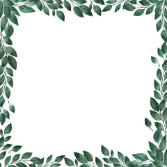Hand drawing watercolor illustration. Square frame made of green branches and leaves. Perfect for invitations, greeting cards, stamps, posters, packaging, and more.