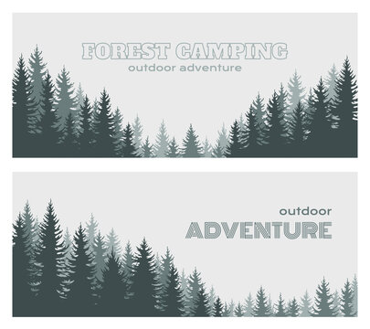 Abstract design of horizontal banner template with fir forest. Coniferous evergreen trees isolated on a light background.Postcard, poster, business card, forest recreation, tourism.Vector illustration
