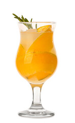 Glass of cold melon cocktail on white background