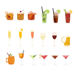 Hand drawn vector illustration set of various cocktails. Popular alcohol drinks Isolated on white background.