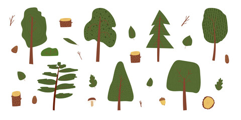 Hand drawn cartoon vector illustration set of summer nature forest park landscape background elements with green trees, leaves, acorn, mushrooms. © Sasha Wallis