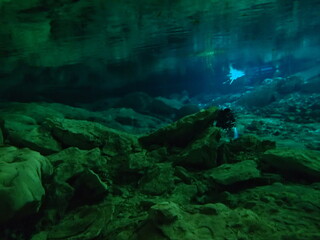 Fototapeta premium Dos Ojos Cenote , Underwater Cave diving in Yucatan Mexico