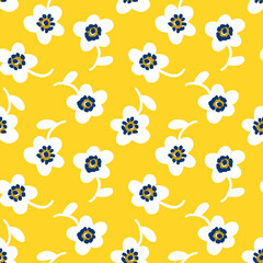 Seamless vector flower pattern with summer vibe. White flowers on the bright yellow background. Vector background, stylish pattern for textile, wrapping, etc.