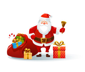 Santa claus with a huge bag of gifts and a bell