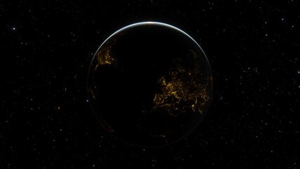 Planet Earth dawn sunset from space. Silhouette planet earth in rays of sun against background of space stars and galaxies 3D render