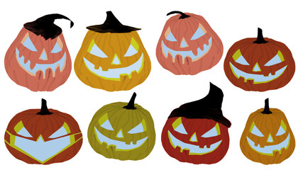 Viele verschiedene lustige und  gruselige Halloweenkürbisse:  geschnitzte Kürbisköfe mit frechen Gesichtern als Illustration.