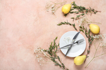 Fototapeta na wymiar Stylish table setting, plant branches, gypsophila flowers and pears on color background