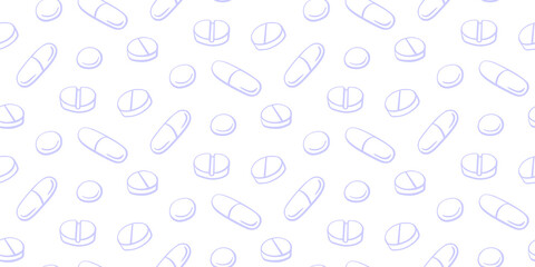 Seamless pattern with medicines, capsules, medicaments, drugs, pills and tablets. Medical pharmacy backgrounds and textures. Vector EPS10 illustration in doodle style