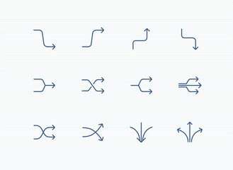arrow icon set: bent, curve, crossed, split, merge, spread line arrows. editable stroke vector illustration