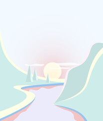 wallpaper background with mountains trees sunset in flat style