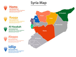 Syria map divided into federal states. Territory of country with regional borders.