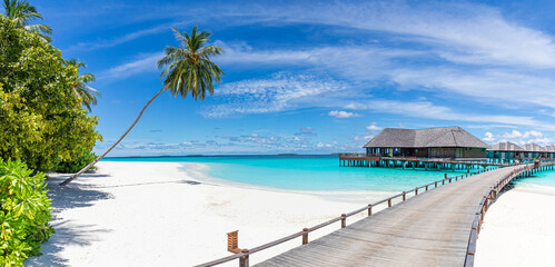 Amazing panorama at Maldives. Luxury resort villas seascape with palm trees, white sand and blue...