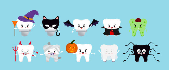 Teeth in Halloween carnival costume dental icon set. Cute tooth implant, in braces crown - ghost mummy vampire witch pumpkin bat character for dentist halloween card. Flat design cartoon illustration.