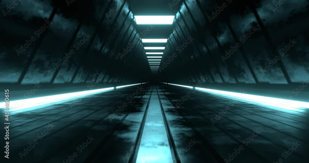 Poster 3d rendering seamless loop motion of neon metal corridor.