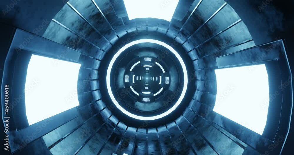 Poster 3d rendering seamless loop motion of tunnel with light blue neon light.