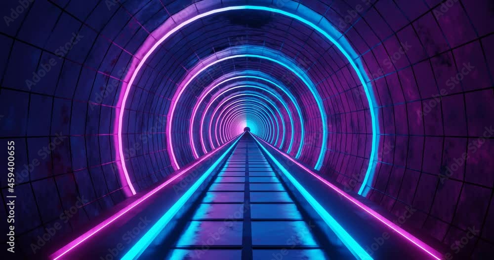 Poster 3d rendering seamless loop motion of tunnel with pink and blue neon light.