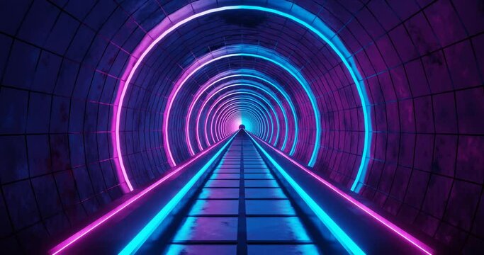 3d rendering seamless loop motion of tunnel with pink and blue neon light.