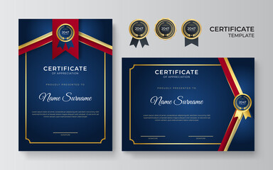 Modern elegant blue and red certificate of achievement border template with luxury badge and modern line pattern. For diploma award, business, and education needs