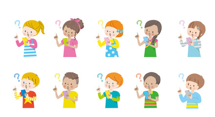 スマホの画面を見て疑問を抱く世界の子供達のイラスト
